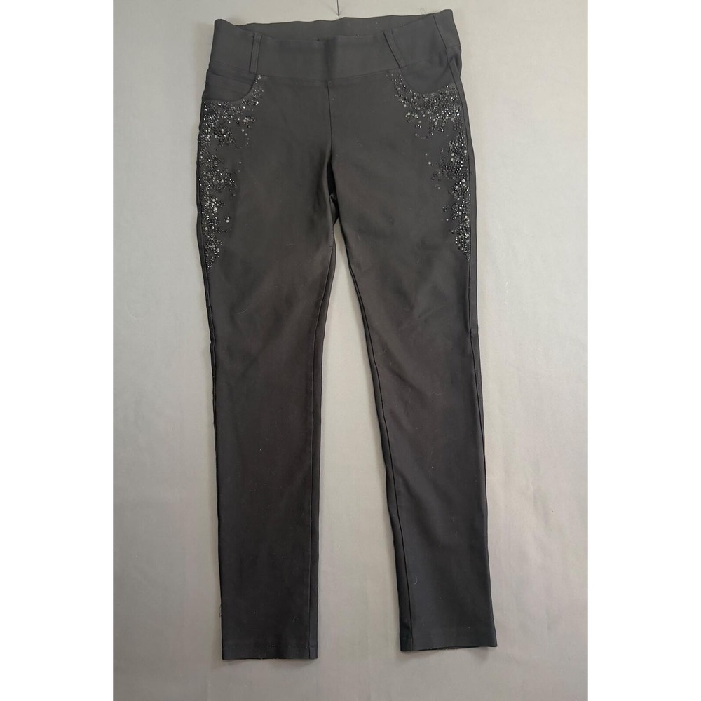 Polimod Embellished Pull On Pants Women 48 Black Beaded Rhinestone Slim Trousers